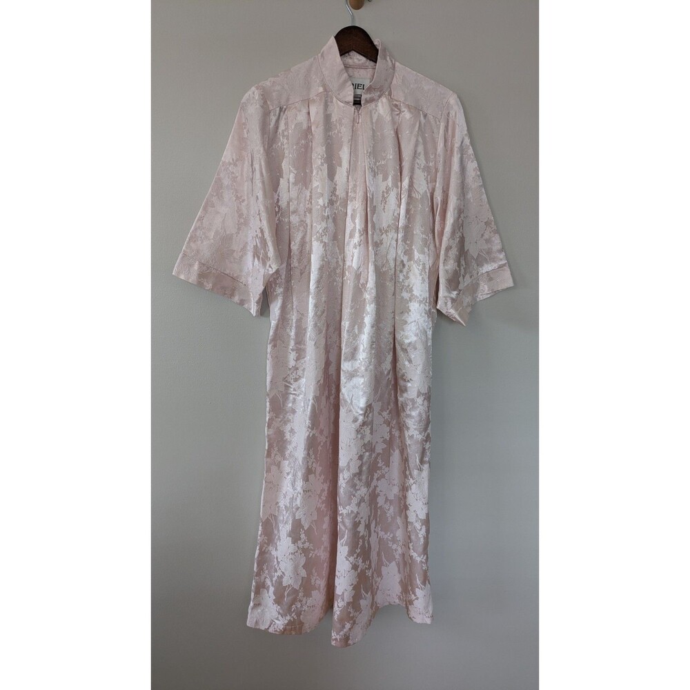Vtg Ariel Womens Robe Small Lounge Wear 3/4 Zip Satin Pink Damask Hollywood USA